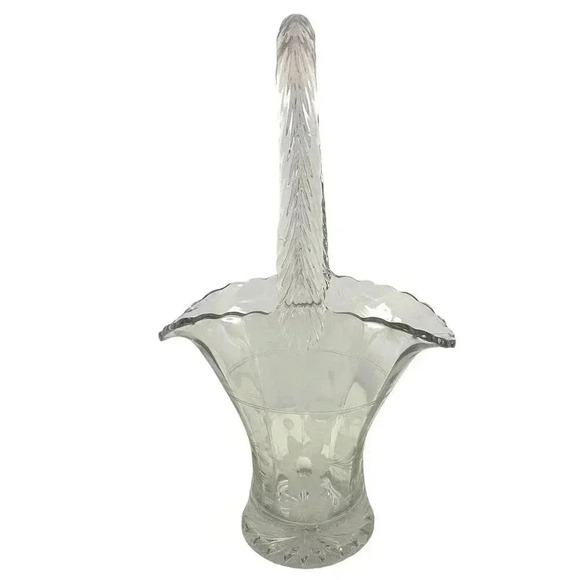 VTG Pressed Clear Etched Floral Glass Basket Vase 9.75" Tall MCM Home Decor - Picture 3 of 16